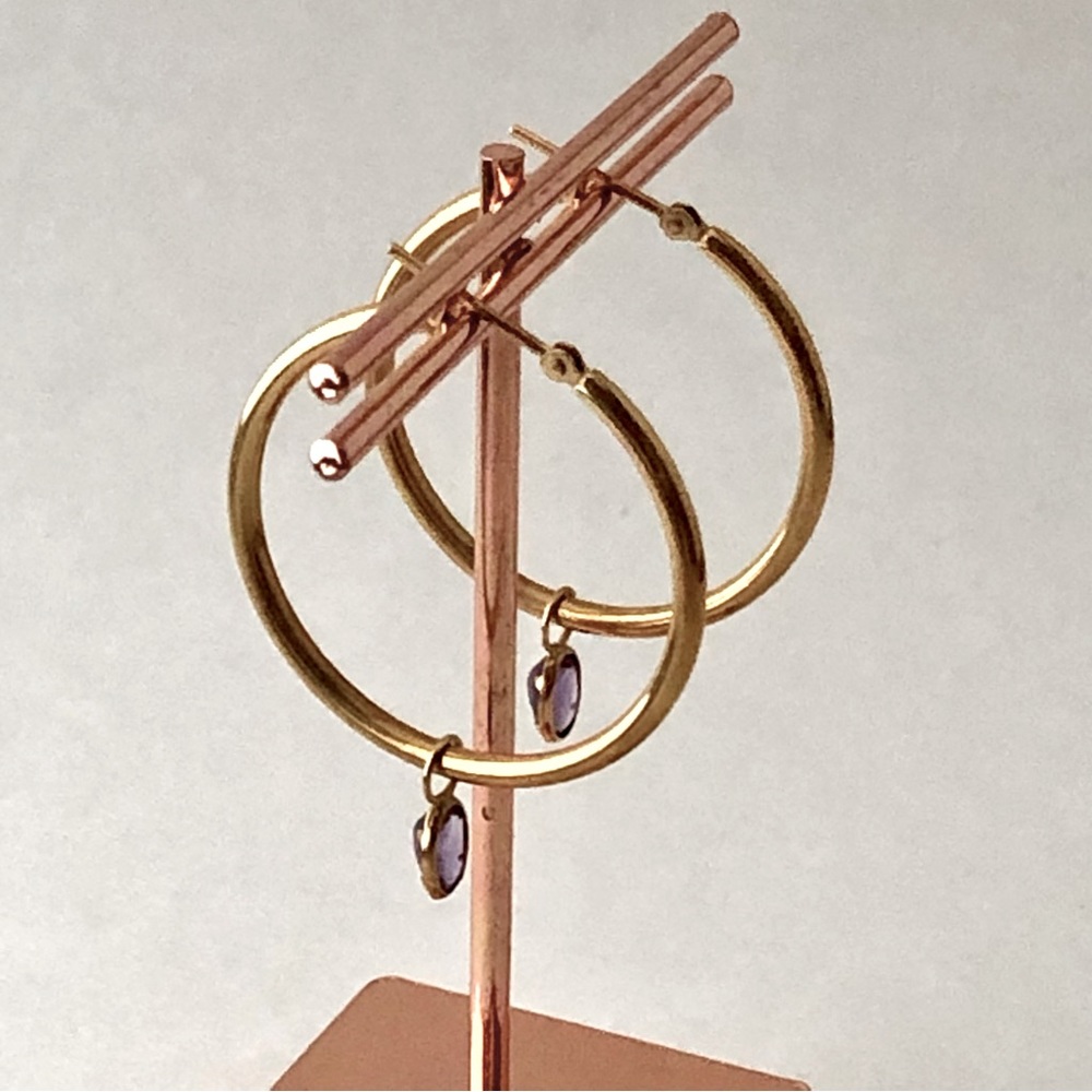 18K Solid Gold Hoop Earrings With Amethyst Charms